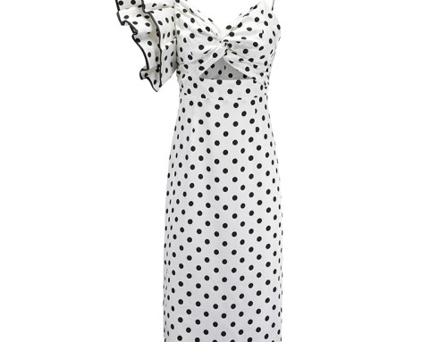 Polka Dot Dress Oblique Shoulder Long Dress